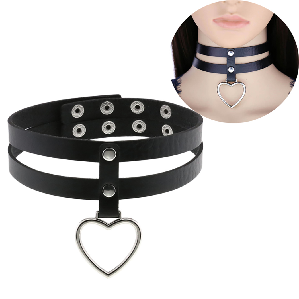Punk Choker 2 Layers: Heart-shape Ring Goth Collar Necklace Faux Leather  Choker 